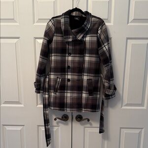 Ike Behar Black and Gray Plaid Pea Coat